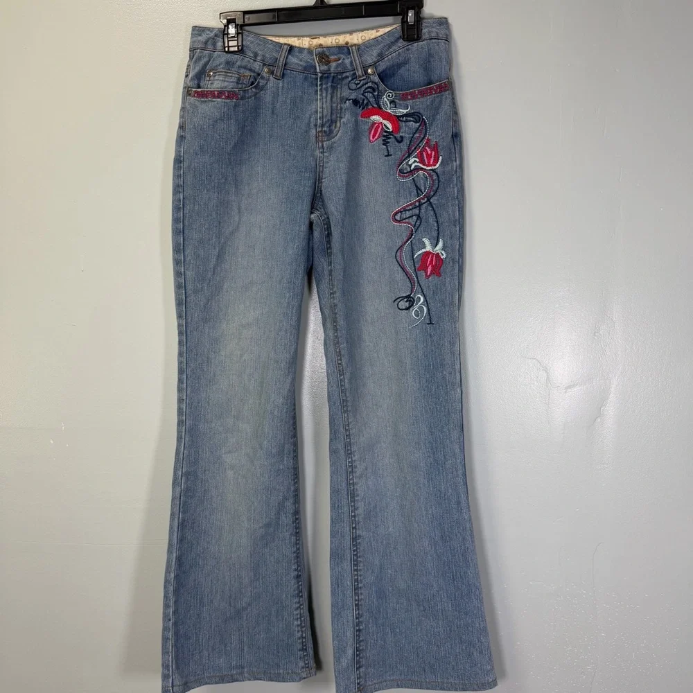 Ruff‎ Hewn Embroidered Blue Women's Flare Leg Jeans Sz